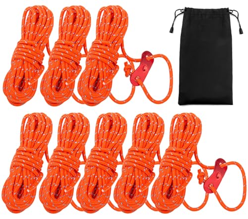 SevenFish - 8 Pack Reflective Nylon Ropes, 4mm Tent Guy Lines with Tensioners Ultralight Reflective Tent Guy Ropes for Outdoor Camping Hiking Awning Tent Tarp (4M, Orange) - -13%