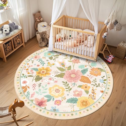 Floral 6ft Area Rug Machine Washable Soft Print Boho Carpet Non Slip Doormat Low Pile Flower Area Rugs for Living Room Bedroom Nursery Kitchen Dining Room Indoor-Beige/White/Orange