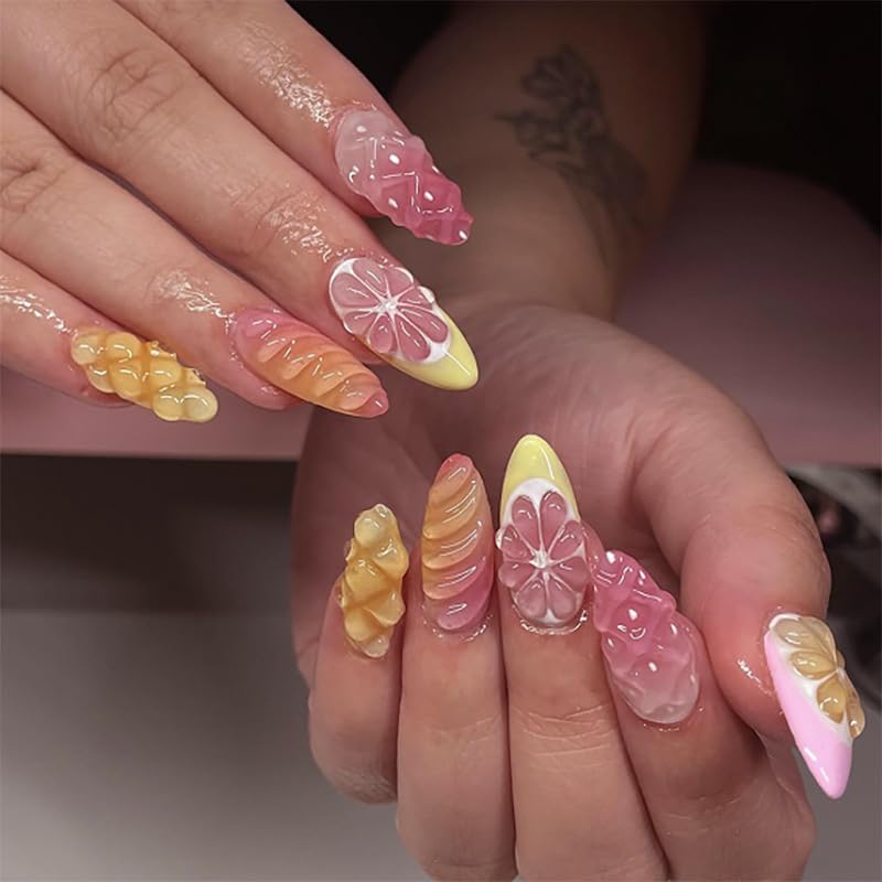 Spring & Summer 3D Fruit Orange Press On Nails Medium Almond, 3D ...