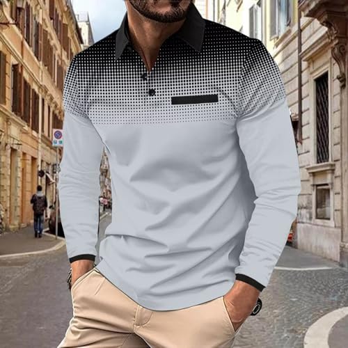 Camiseta Polo para Hombre Manga Larga Casual Color Negro con Degradado Gris miniatura 2