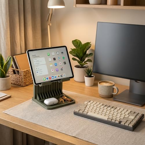 Image of Universal Tablet Stand with Storage Tray | 3D Printed Desk Holder Compatible with iPad Pro, iPad Air, Samsung Galaxy Tab & Tablets up to 15 mm Thickness | Modern Organizer Stand