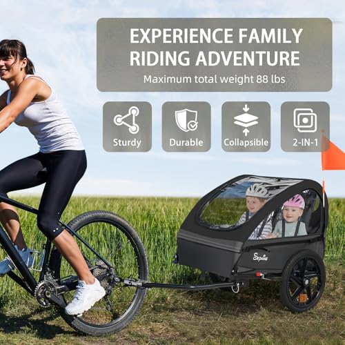 Image of Sepnine Kids Bike Trailer, 2 in1 Canopy Carrier Converts to Stroller Suitable for 1 to 2 Kids, 12+ Months, Quick Attach to Bike, Foldable, with 5-Point Harness and Storage Bags