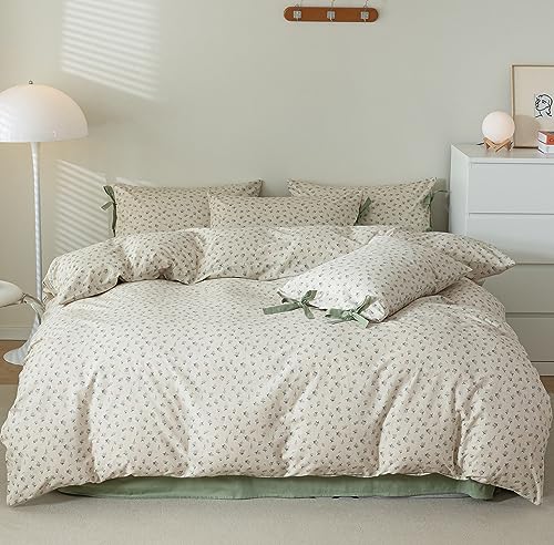 VM VOUGEMARKET Duvet Cover Set Twin 100% Cotton 3 Pcs Girls Green Floral Comforter Cover with Zipper Closure,Cottagecore Style Duvet Cover + 2 Pillowcases with Bowknot-68x86 Inch