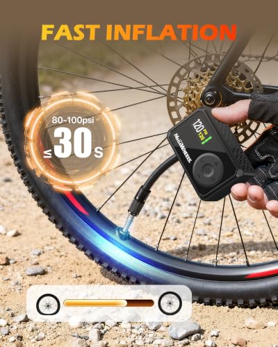 Image of MEGAWHEELS Mini Bike Pump with Gauge, 120 /150PSI Bike Tire Inflator with Presta & Schrader Valve, Portable Electric Air Pump Auto Stop, Fast Inflation for E-Bike, Mountain Bike, Scooter, Balls