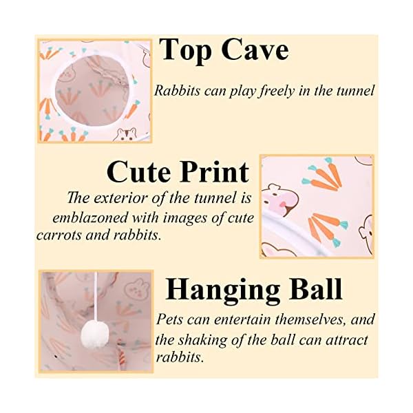 Hercocci bunny tunnels & tubes, collapsible 3 way rabbit hideout tunnel with chew toys for rabbit bunny guinea pig ferret kitten - image 3