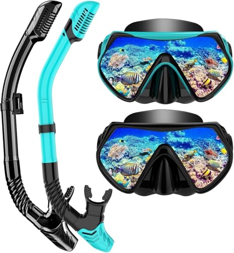 Schnorchelset Erwachsene Schnorcheln Set mit Anti-Fog Taucherbrille und Dry Schnorchel Professionelle Schnorchelmaske Tauchmaske aus Gehärtetem Glas für Schnorcheln (Black+Green)