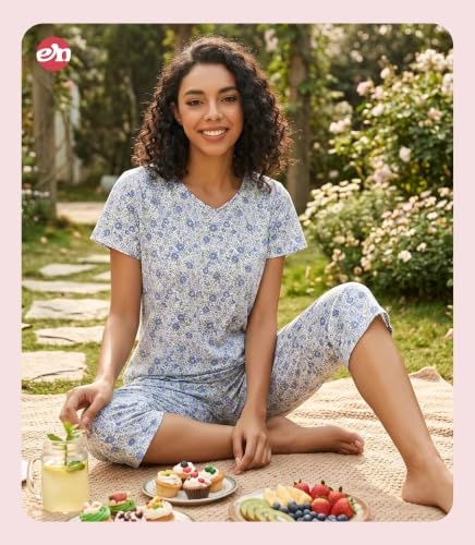 Image of ENJOYNIGHT Womens Pajama Sets Cotton Pj Set Short Sleeve Top With Capri Pants Sleepwear 2 Piece Lounge Set