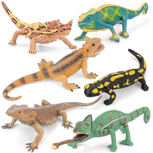 THINKBAY 6PCS Large Lizard Figurines Rainforest Animal Toys, Realistic Plastic Reptile Animal Figurines, Includes Bearded Dragon,Fire...