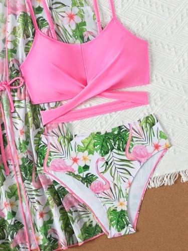 Image of WDIRARA Girl's 3 Piece Swimsuits Tropical Print Criss Cross Bikini Set with Kimono Cover Ups