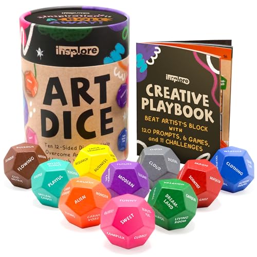 Insplore Art Dice 12-Sided Wooden Dice with 120 Prompts to Help You Decide What to Draw or Paint Creative Playbook with Games and Activities Fun Inspiring Gift for Artists of All Levels