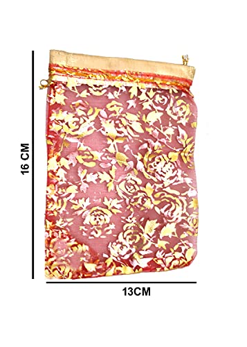 Image of Net Fabric Drawstring Pouch For Dry Fruits Packing, Organza Shagun Potli, Beautiful Design Printed Potli Bags For Return Gifts, Jewellery Pouches (Pack Of 25, 16 Cm X 13 Cm, Gold)