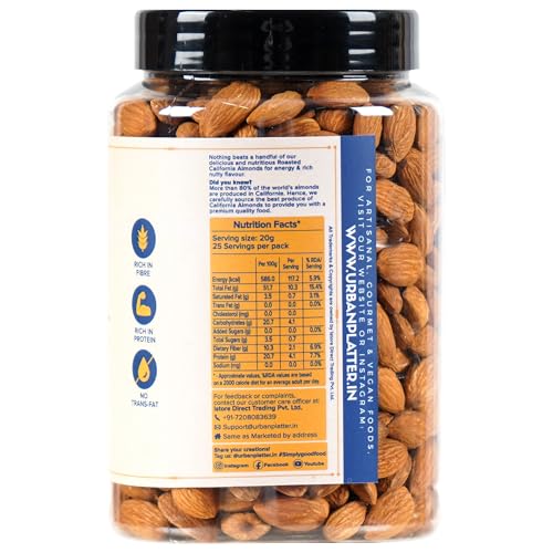 Image of Urban Platter Roasted Unsalted California Almonds, 500g (Healthy Snack, Perfectly Roasted Almonds, Grade A, Badam)