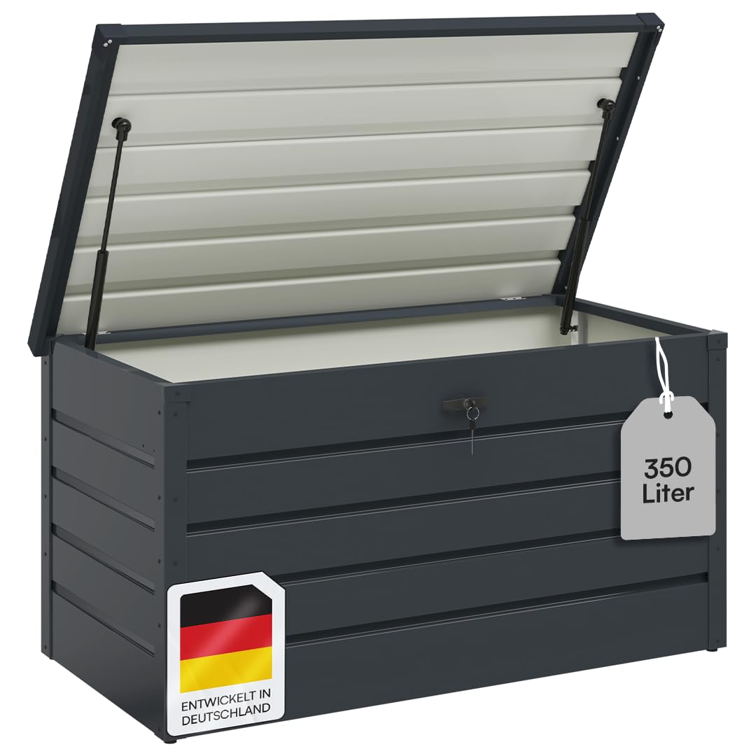 STEELSØN Dorado Gartenbox aus verzinktem Metall 350 Liter – Outdoor Box wasserdicht Anthrazit – Auflagenbox abschließbar mit klappbarem Deckel – Aufbewahrungsbox Garten/Balkon/Terrasse 120x62x63 cm