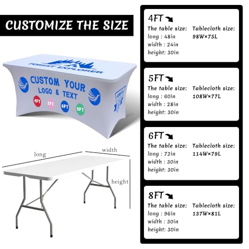 Personalized Table Cloth with Logo Image Customized Tablecloth 4FT/5FT/6FT/8FT Spandex Customized Table Cover Promotional Business Tradeshow Events Birthday Party Wedding (5FT Spandex(Closed back))