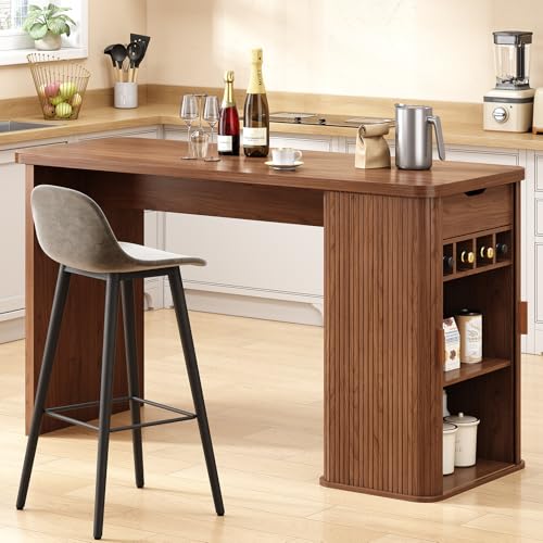 ONBRILL 59 Inch Kitchen Island with Storage Fluted Counter Height Table Mid-Century Modern Kitchen Island Table with Sliding Door Home Bar Tables with Wine Rack and Drawers Walnut