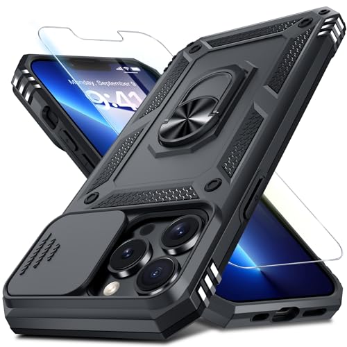 Janmitta Case for iPhone 12 Pro Max Phone Cover Built in Slide Camera Lens Cover+Screen Protector Heavy Duty Shockproof Full Body PhoneCase with Finger Ring Holder Kickstand Black
