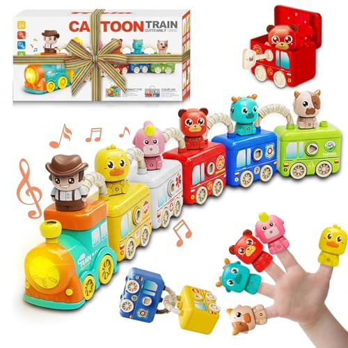 Image of Montessori Train Toys for 2 3 4 Year Olds - Toddler Learning Train Set with Lights & Sounds, 6 Vehicle Transport, Lock & Key Activity, Farm Animal Finger Puppets, Easter Birthday Gift for Boys Girls