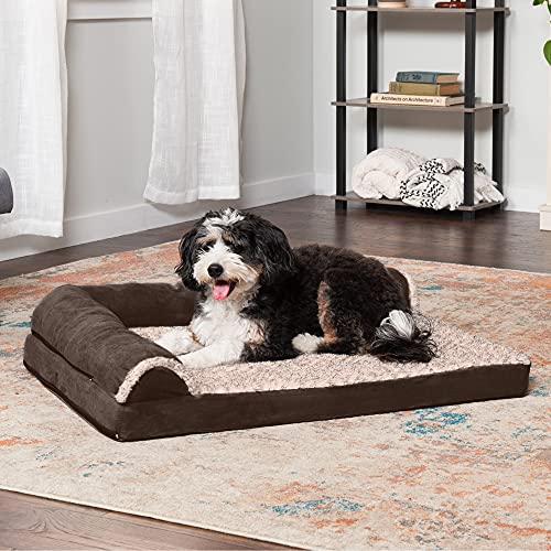 Image of Furhaven Orthopedic Dog Bed for Large /Medium Dogs w / Removable Bolsters & Washable Cover, For Dogs Up to 55 lbs - Two-Tone Plush Faux Fur & Suede L Shaped Chaise - Espresso, Large