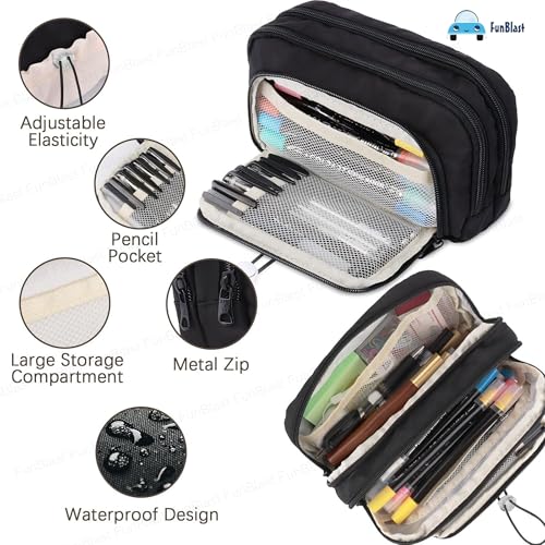 Image of FunBlast Pencil Pouch for Girls - Multiple Compartment Zipper Pouch with Drawstring Pocket, Aesthetic Pouch for Girl, Kawaii Pencil Case, Cute Pouches for Girls, Return Gift for Kids (Black-White)