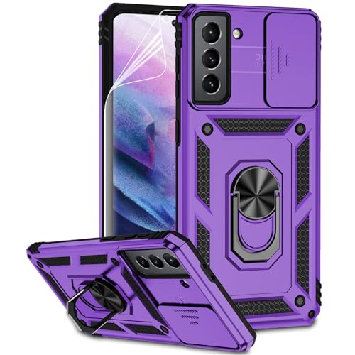 Schutzhülle für Samsung Galaxy S21 Plus mit Kameralinsenabdeckung, HD-Displayschutzfolie, Fallgetestet, magnetischer Ringhalter, Ständer, Schutzhülle für Samsung Galaxy S21+ Plus 5G (lila)