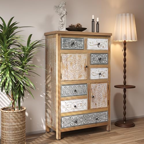 Image of Vintage Carved Accent Cabinet with 7 Drawers, Solid Wood Storage Sideboard for Living Room, Dining Room & Hallway, 47.44 inch Tall