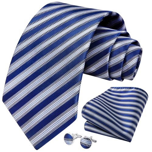 Image of HISDERN Mens Ties Set Stripe Plaid Ties for Men and Pocket Square Cufflinks Formal Silk Necktie Wedding Business