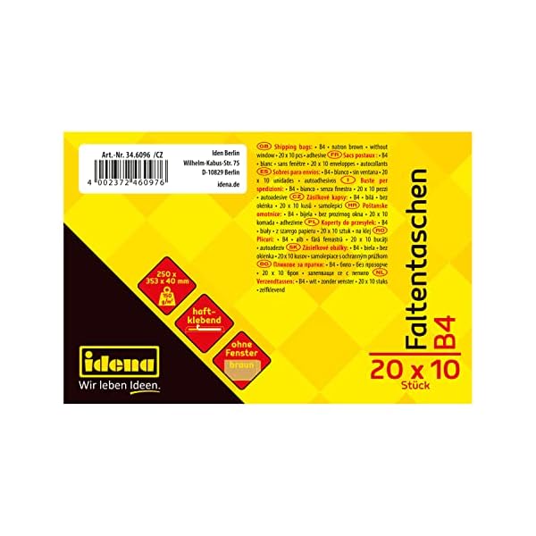 Idena 346096 - Faltentasche haftklebend ohne Fenster, DIN B4, 150 g/m², 4 cm Boden, 10 Stück, 250 x 353 x 40 mm, natron… – Bild 10