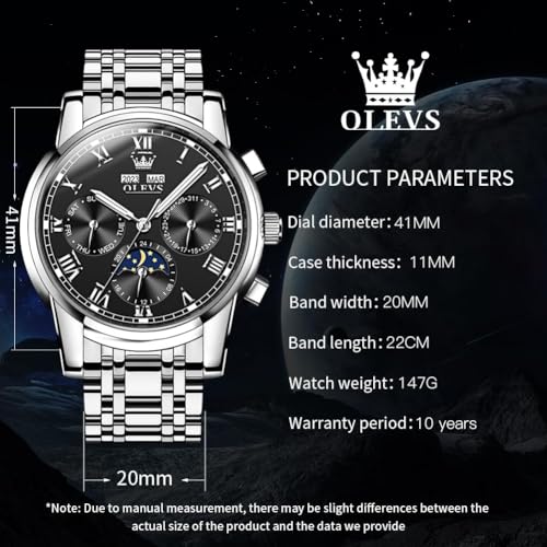 Image of OLEVS Mens Automatic Watch Mechanical Self Winding Luxury Business Dress Moon Phase Stainless Steel Calendar Wrist Watches for Men Waterproof Luminous
