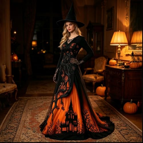 Halloween Costumes For Women Long Sleeve V Neck Sexy Witch Gothic Dresses - image 3