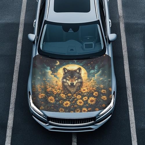 Image of Car Hood Cover,Portable All Weather Car Hood Cover Protector Suitable Most Automotive Sedans Trucks Pickup Sports Cars,Car Accessories Wolf Sunflower Print