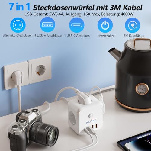 Bigfish 3 Fach Steckdosenleiste mit USB C, Mehrfachsteckdose mit 4 USB, Steckdosenwürfel mit 3 Meter Kabel, Mehrfachstecker mit Schalter für Büro & Zuhause