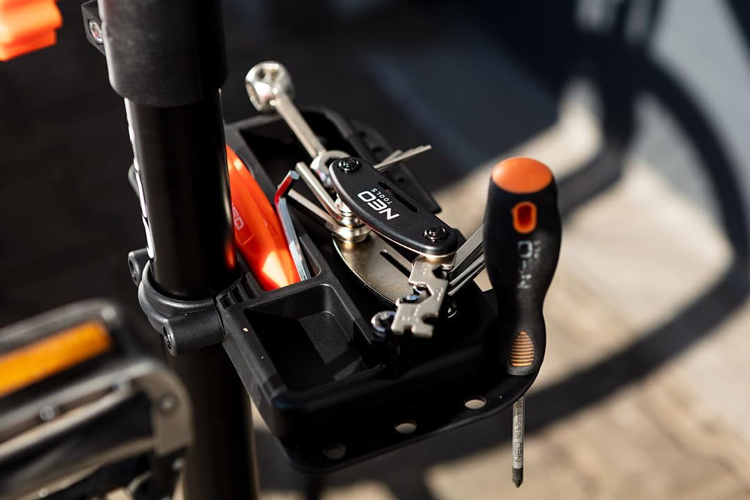 NEO TOOLS Stojak serwisowy do roweru, maksymalne obciążenie: 30 kg, półka na narzędzia, regulacja wysokości i odległości nóg za pomocą pokręteł, w zestawie drążek teleskopowy do usztywnienia