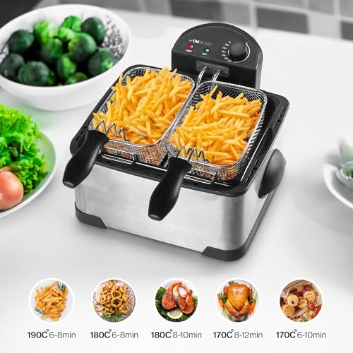Clatronic® Doppel-Fritteuse | 2 Frittierkörbe & 1 großer Frittierkorb | Kapazität für 4L Öl/Fett |Stufenlos regelbarer Thermostat bis 190° C | 2 Kontrollleuchten | Spritzschutzdeckel | 2000W | FR 3195 – Bild 8
