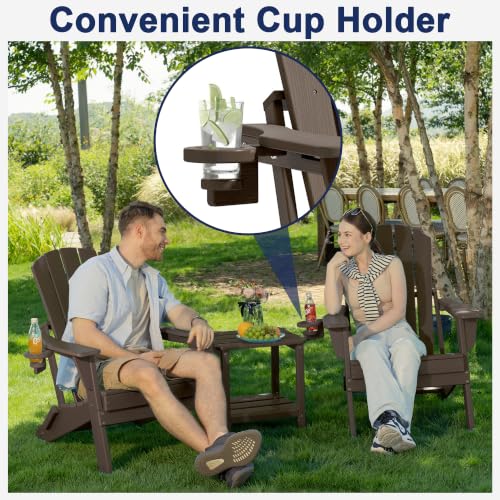 Image of Plawdlik Folding Adirondack Chair 12-piece Set, Cup Holder, Coffee | pin-free folding, 38-in tall back, Wood-grain All-weather HDPE; for fire pit, poolside, deck, backyard, patio