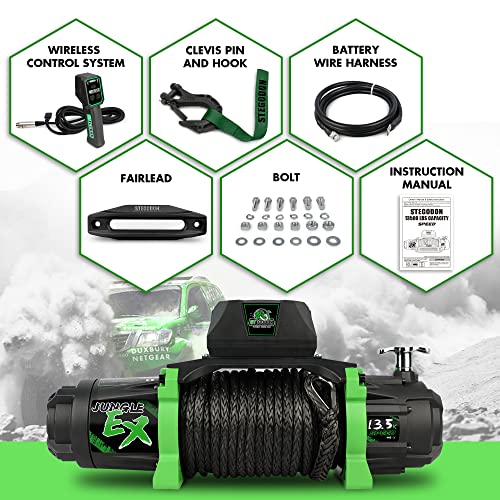 Stegodon New 13500 Lb. Load Capacity Electric Winch Genesis,12V Synthetic Rope Electric Winch With Hawse Fairlead,Waterproof Ip67 Winch With 2 In 1Wireless/Wired Handheld Remote(Jungle Ex) #TOP6