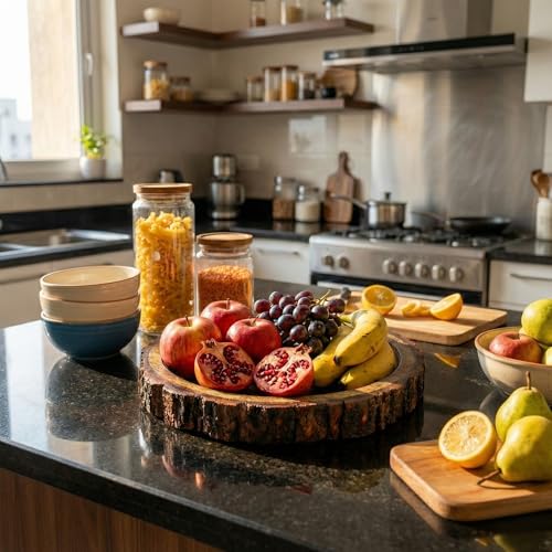 Image of Rustic Wooden Buckle Tray for Serving - 10 inch Round Wood Bark Edge Platter for Snacks, Fruits, Tea & Coffee | Food‑Safe Decorative Centerpiece for Dining & Coffee Table, Indian Homes & Gifting