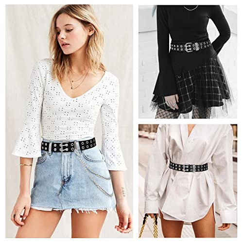 Fioretto Double Grommet Leather Belt With Detachable Chain Women Men Punk Rock Waist Belts For Jeans Pants (One Size, Double Grommet (With Silver Chain)) #TOP3