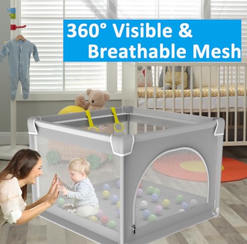 DJEDJEO Laufgitter 90x90cm, Faltbarer Baby Laufstall Mit Reißverschlusstür, Rutschfester Basis, Atmungsaktivem Netz an Vier Seiten, Grau