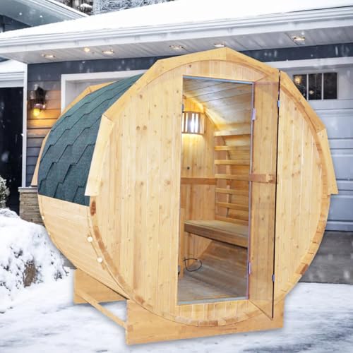 ToTibuy Outdoor Barrel Sauna 4 Person Traditional Steam Sauna 220V Wood Personal Spa Room with 4.5KW Heater Thermometer Hourglass Cup Holders 59''x74.21"x75.85"