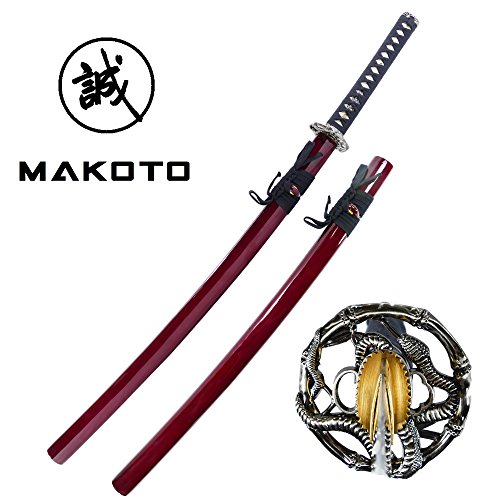 MAKOTO Handmade Sharp Katana Samurai Sword 40" - Serpent Cobra Snake Tsuba (Red)