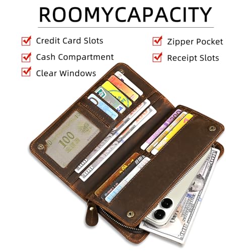 Image of Genuine Crazy Horse Leather Travel Gift Coin Pocket Card Case Long Organizer Chain Rfid Wallet Purse With Snap For Men Male 1803 1815 (W-1821-Brown)