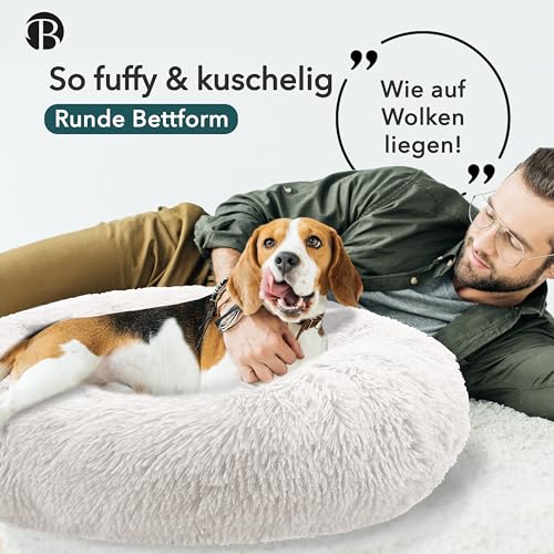 bluzelle Hundebett für Mittelgroße Hunde, 70cm Hundekissen Rund Donut Kissen Hundekorb Flauschig Plüsch, Ergonomisch Bezug Waschbar rutschfest Weich Kunstfell, Farbe:Cream