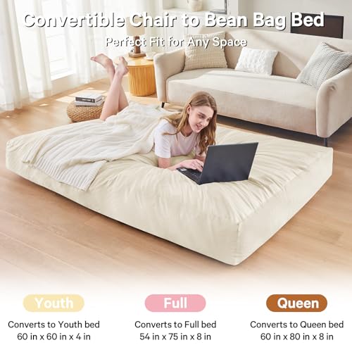 Bean Bag Chairs for Adults - Giant Bean Bag Chair Convertible Bean Bag Bed - Beanbag Chair with Micro Fiber Cover/Furniture Foam Filler - Floor Couch Sofa in Bedroom Dorm Room - Queen Beige