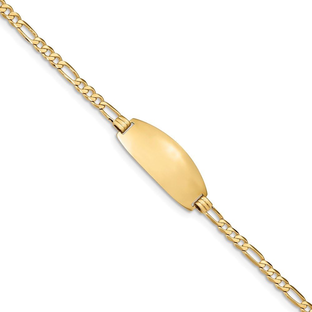 Solid 14k Yellow Gold Engravable Identification Name Bar Tag Oval ID Figaro Bracelet - with Secure Lobster Lock Clasp 8" (Width = 11mm)