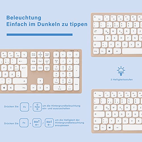 Kabellose Tastatur Maus Set, 2.4G Wiederaufladbare Tastatur und Maus Set mit Hintergrundbeleuchtung, Beleuchtete Tastatur Maus Set mit QWERTZ Layout für PC, Laptop, Tablet, Rosa Gold - Image 5