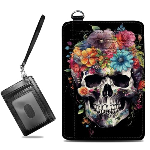 Image of Small Travel Wallets, Sugar Skull Flowers Slim Minimalist Front Pocket Wallet with Wristlet, RFID Blocking PU Leather Credit Card Holder with ID Window Change Purse for Men Women
