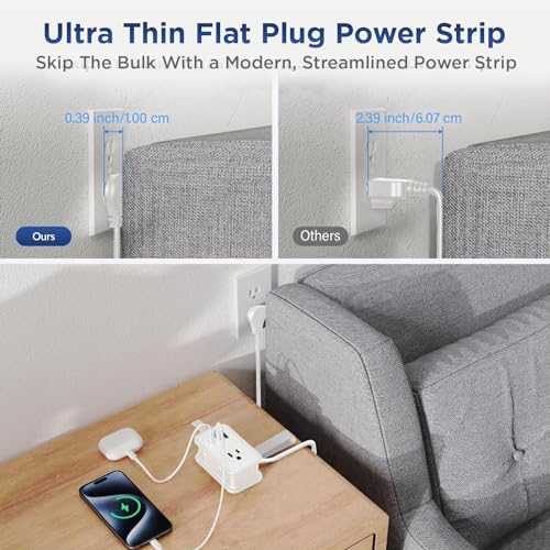 Image of Travel Charger for Multiple Devices, Flat Plug Power Strip 3ft Adapter Extension Cord, 3 AC Outlets, 2 USB & 1 Fast Charging USB-C, No Surge Cruise Approved, Portable Power Strip