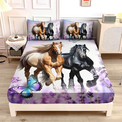 UEVBF Galloping Horse Bedding Full Fitted Sheets Set Kids,Lavender Butterfly Fitted Sheet Set for Girls Boys Teens Bedroom Decor,Wild Animal Themed Bedding Sets,1 Fitted Sheet+2 Pillowcases.