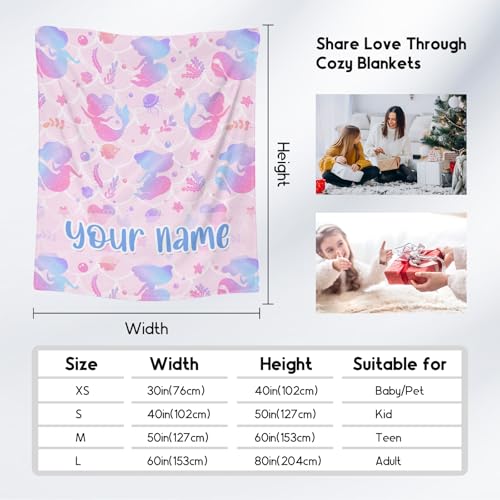 Custom Mermaid Blanket Throws with Name - 50x60 Inches Cute Throw Blanket for Girls - Blue Soft Fuzzy Blankets for Couch & Office