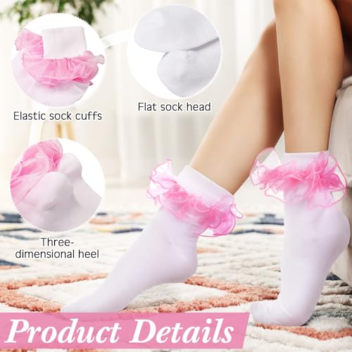 Image of Geyoga 3 Pairs Women Big Ruffle Socks Turn Cuff, Double Lace Ankle Cotton Frilly Socks for Ladies Summer
